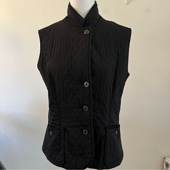 Talbots Vest Black Quilted Corduroy collar Gold Tone Buttons Size Medium - Picture 1 of 7
